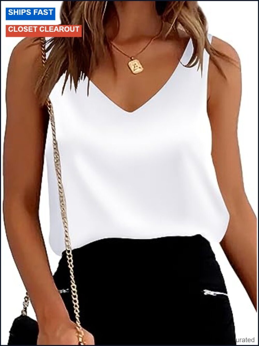 Satin V Neck Tank Top Sleeveless Loose Fit Casual Camisole Blouse